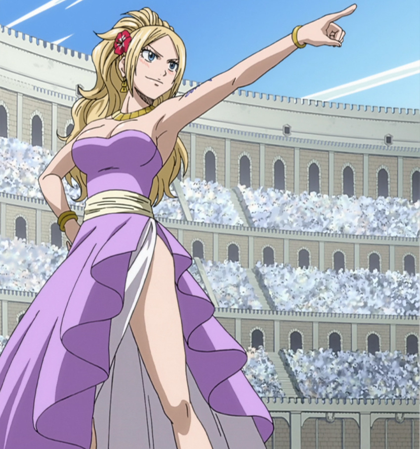 1girl, bare_shoulders, blonde_hair, blue_eyes, breasts, cleavage, earrings, fairy_tail