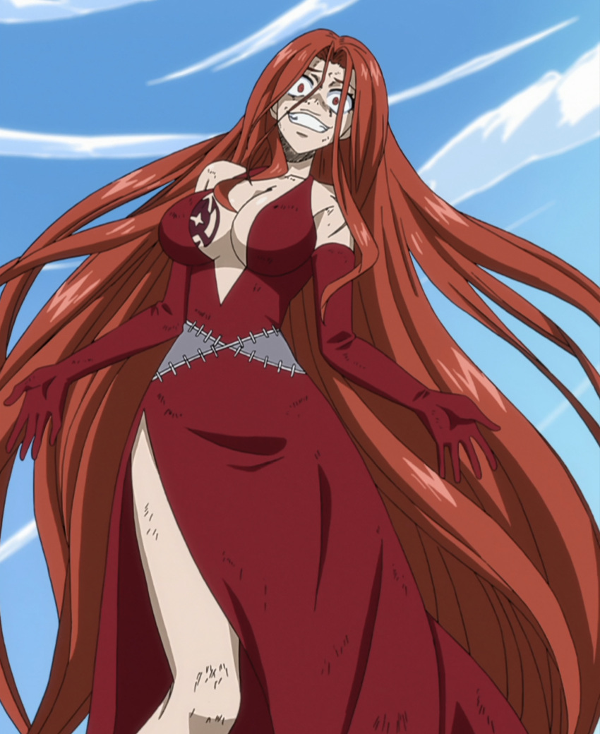 1girl, bare_shoulders, breasts, bruises, clouds, crazy, dirty, dress