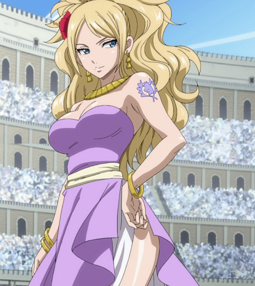 1girl, bare_shoulders, blonde_hair, blue_eyes, breasts, cleavage, earrings, fairy_tail