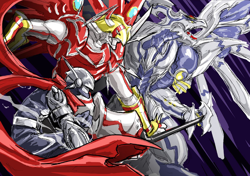 3boys, armor, brown_eyes, digimon, dorugoramon, dragon, fangs, full_armor, helmet, horns, ikd, justimon, male_focus, monster, multiple_boys, no_humans, shinegreymon, tail, wings
