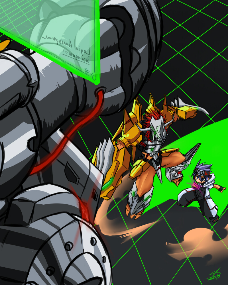 1boy, android, armor, bandai, battle, cannon, claws, digimon