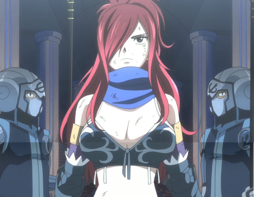 1girl, armor, bare_shoulders, breasts, cleavage, erza_knightwalker, erza_scarlet, fairy_tail