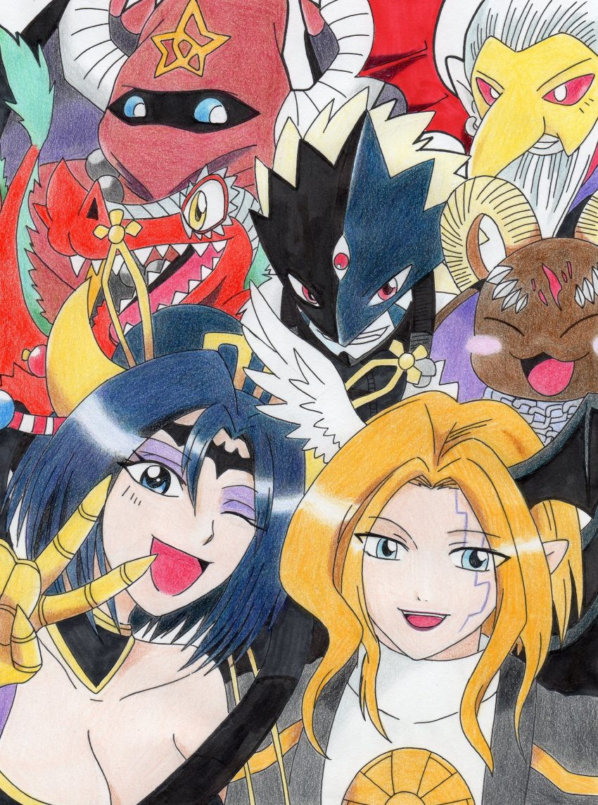 1girl, angel_wings, bandai, barbamon, bare_shoulders, bat_(symbol), beelzebumon, belphemon