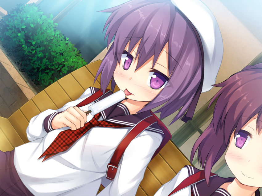 2girls, backpack, bag, bench, beret, blush, character_request, game_cg