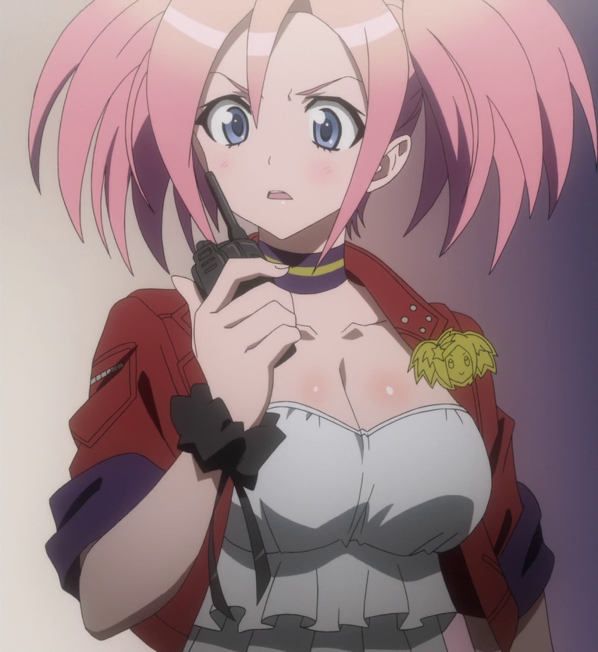 1girl, breasts, nashida_oriha, pink_hair, screencap, solo, stitched, triage_x