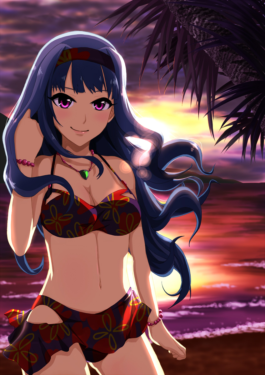 1girl, amakarakuchi, beach, bikini, breasts, cleavage, hairband, idolmaster, long_hair, shijou_takane, solo, swimsuit, violet_eyes