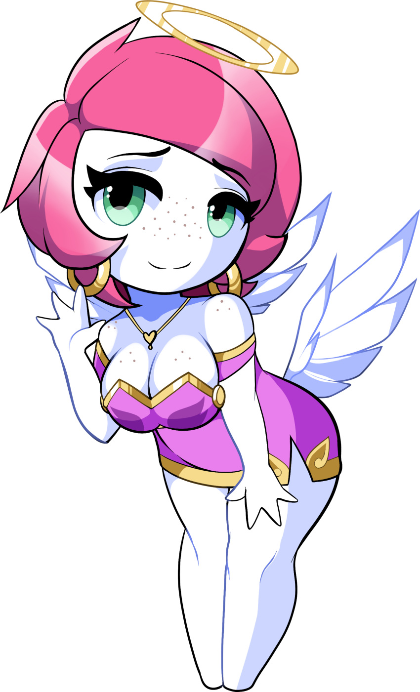 1girl, angel, breasts, cleavage, freckles, green_eyes, halo, highres, looking_at_viewer, official_art, pink_hair, rubi, rubi_(wings_of_vi), solgryn, white_skin, wide_hips, wings, wings_of_vi