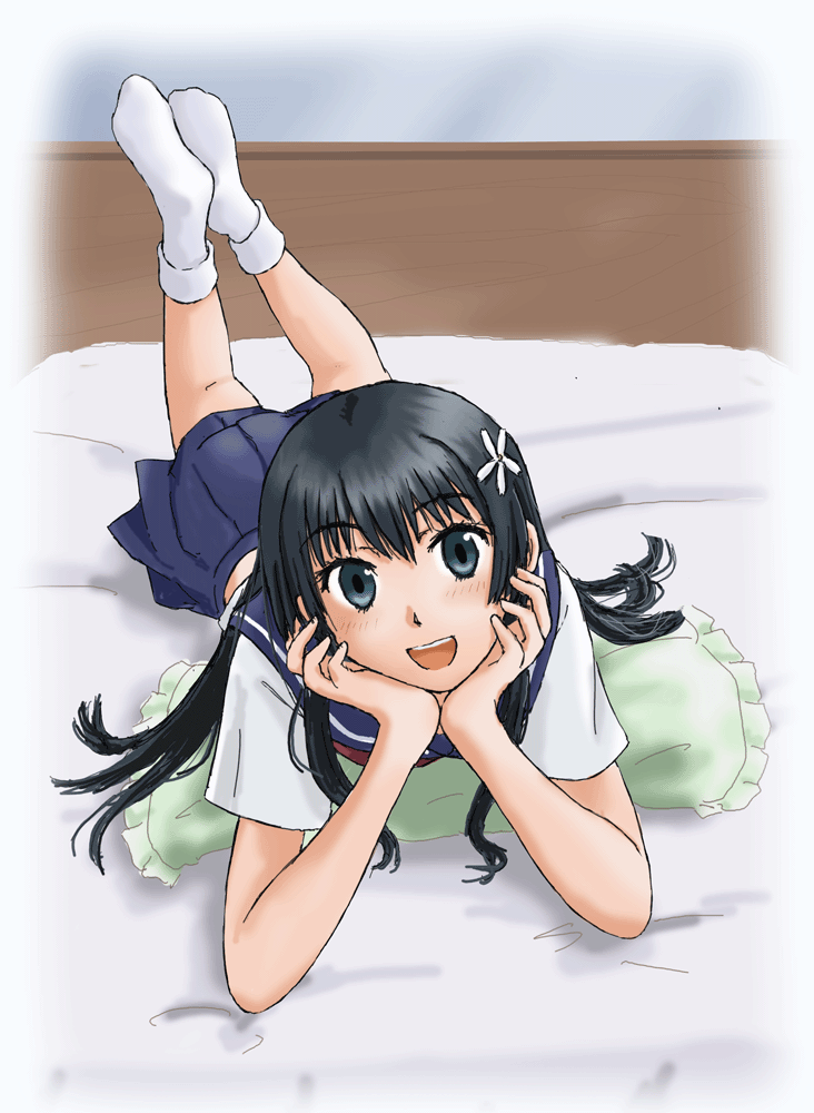 1girl, feet, hair_ornament, kamosikayasyamoji, no_shoes, saten_ruiko, school_uniform, serafuku