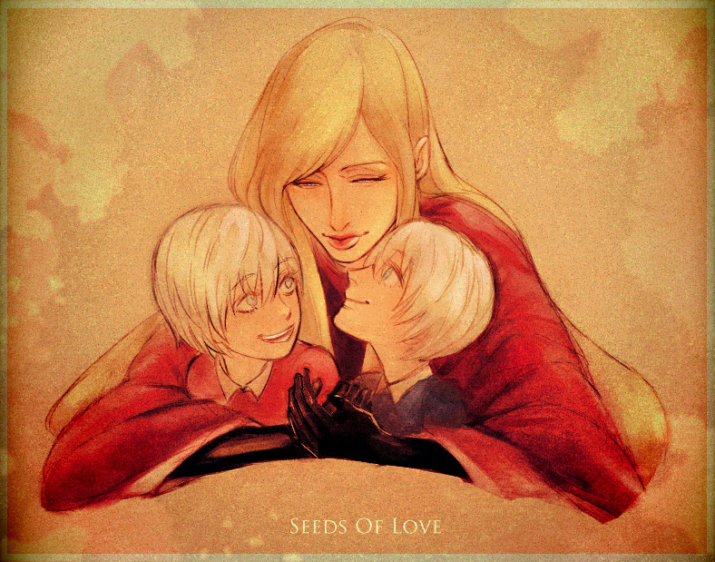 1girl, 2boys, blonde_hair, blue_eyes, brothers, capcom, dante_(devil_may_cry), devil_may_cry