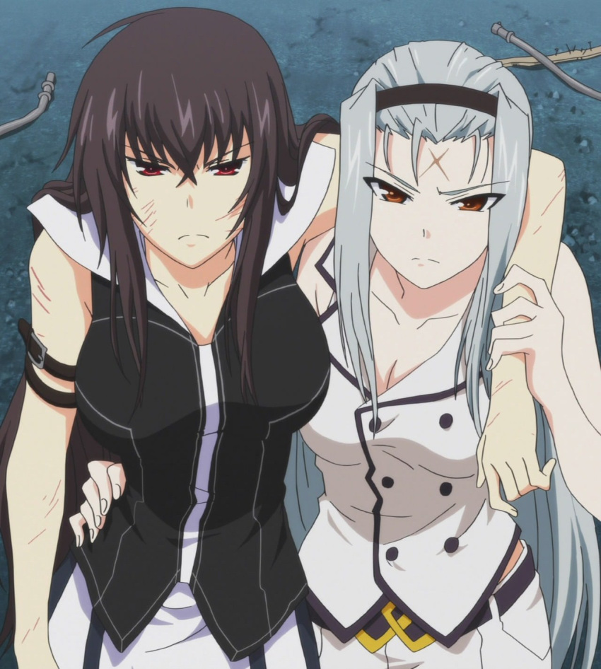 2girls, angry, breasts, brown_eyes, brown_hair, cleavage, female, kawakami_momoyo