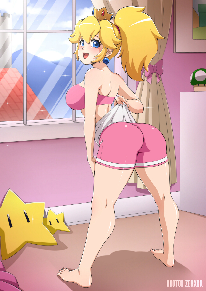 1girl, 1up, :d, arched_back, artist_name, ass, bare_shoulders, barefoot