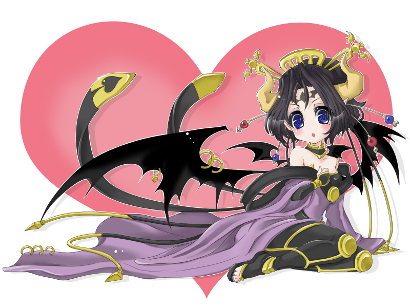 1girl, bandai, bare_shoulders, bat_(symbol), bat_wings, black_hair, breasts, cleavage