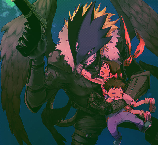 00s, 1boy, 1girl, ai_(digimon_tamers), beelzebumon, beelzebumon_blast_mode, black_wings, blonde_hair