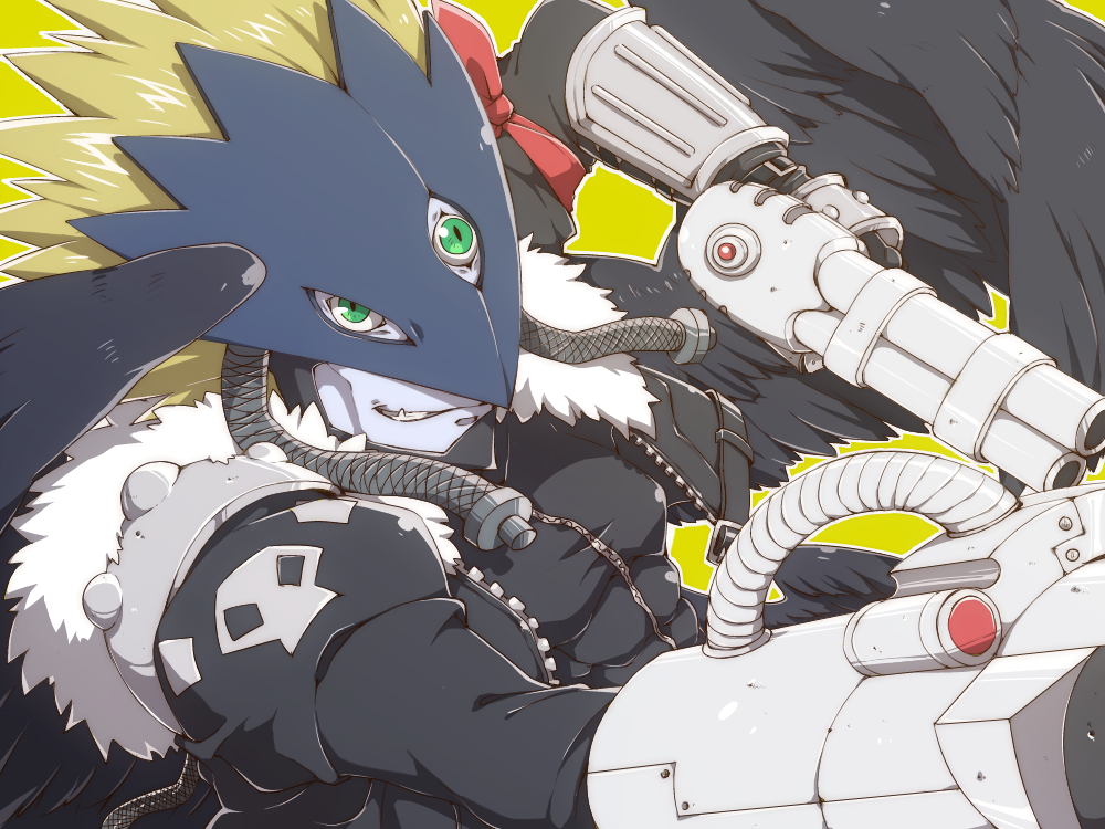 1boy, beelzebumon, beelzebumon_blast_mode, blonde_hair, claws, demon, digimon, fangs