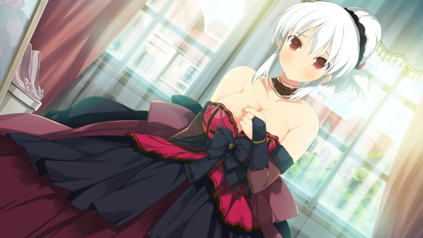 1girl, bare_shoulders, blush, breasts, cleavage, curtains, dress, elbow_gloves, evenicle, female, game_cg, gloves, hair_bun, hair_up, large_breasts, looking_at_viewer, mirror, ramius, red_eyes, solo, standing, white_hair, window, yaegashi_nan
