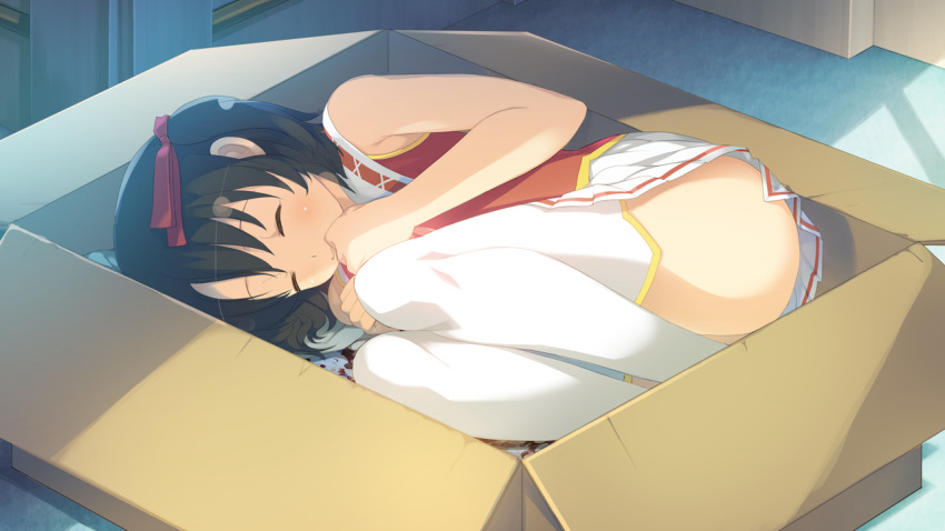 1girl, ass, black_hair, blush, box, closed_eyes, evenicle, game_cg