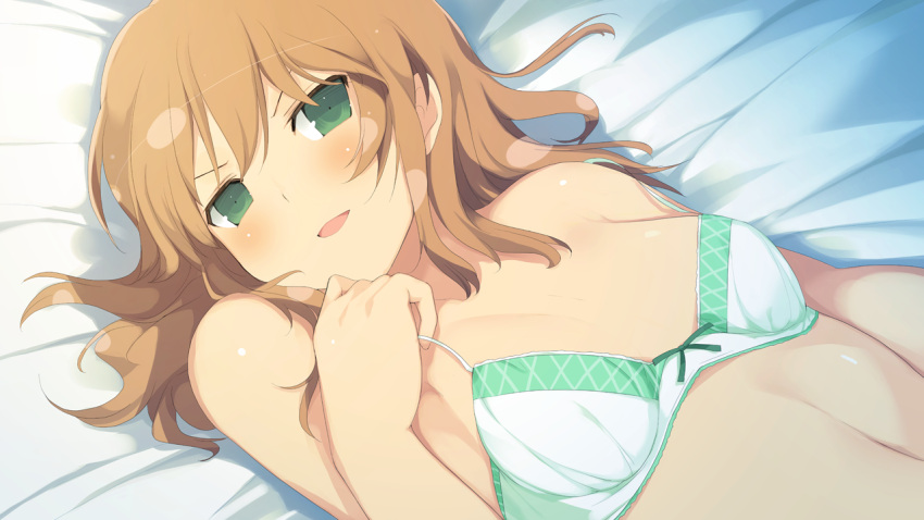 1girl, bed, blush, bra, breasts, brown_hair, evenicle, game_cg