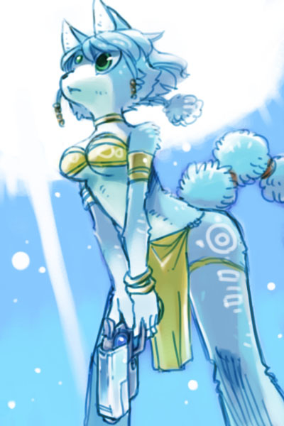 1girl, blue_hair, bracelet, fox, furry, gun, hair_ornament, handgun