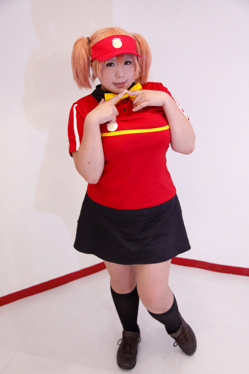 1girl, asian, bow, bowtie, brand_name_imitation, breasts, brown_eyes, brown_hair, brown_shoes, chouzuki_maryou, cosplay, employee_uniform, fast_food_uniform, female, hataraku_maou-sama!, kneehighs, large_breasts, photo, plump, polo_shirt, ribbon, sasaki_chiho, sasaki_chiho_(cosplay), shoes, short_hair, short_twintails, simple_background, skirt, solo, twintails, uniform, visor_cap