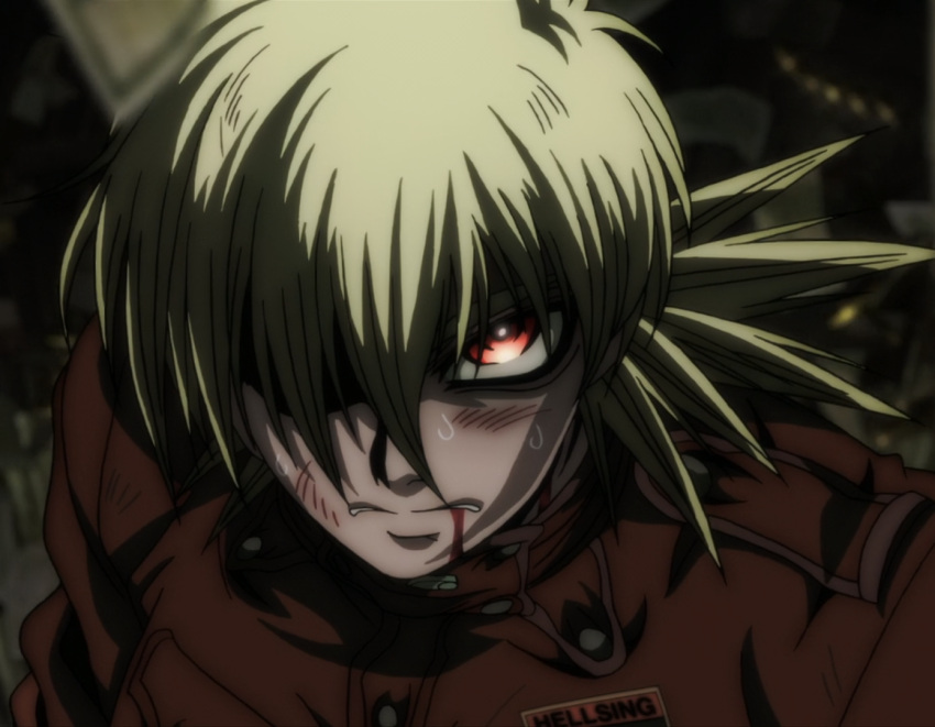 1girl, angry, blonde_hair, blood, breasts, bruises, hair_over_one_eye, hellsing