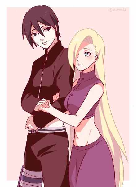 1boy, 1girl, amiko, arm_hug, black_hair, blonde_hair, couple, midriff