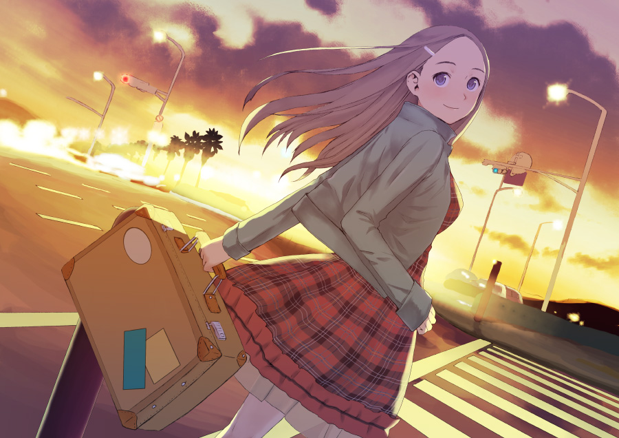 briefcase, brown_hair, car, cars, cloud, clouds, crossing, crosswalk
