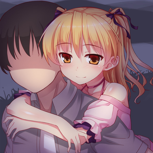 2boys, bare_shoulders, blush, clover_(artist), crossdressinging, faceless, faceless_male, frills