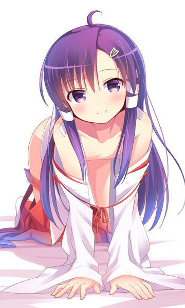 1boy, blush, clover_(artist), convenient_censoring, crossdressinging, hieda_fumio, japanese_clothes, josou_sanmyaku, miko, purple_hair, smile, trap, undressing