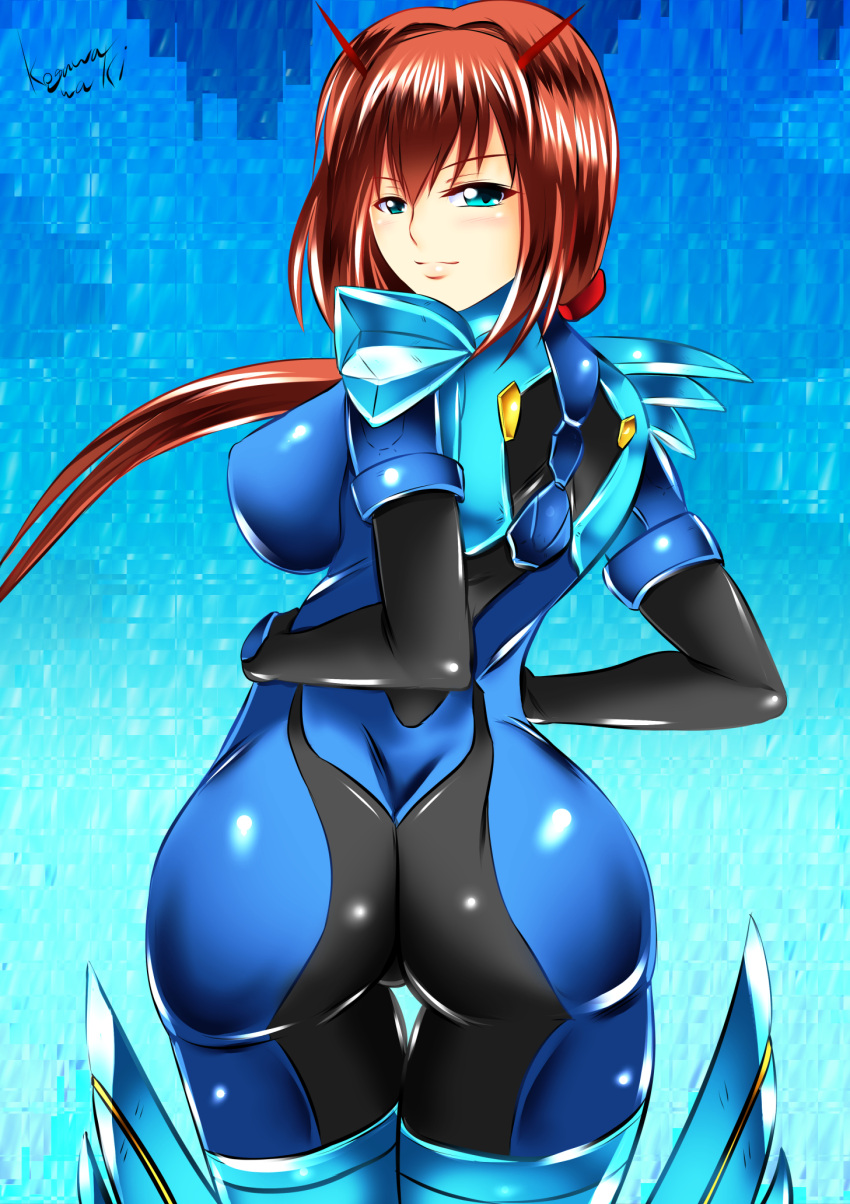 1girl, ass, blue_eyes, blush, bodysuit, boots, breasts, brown_hair