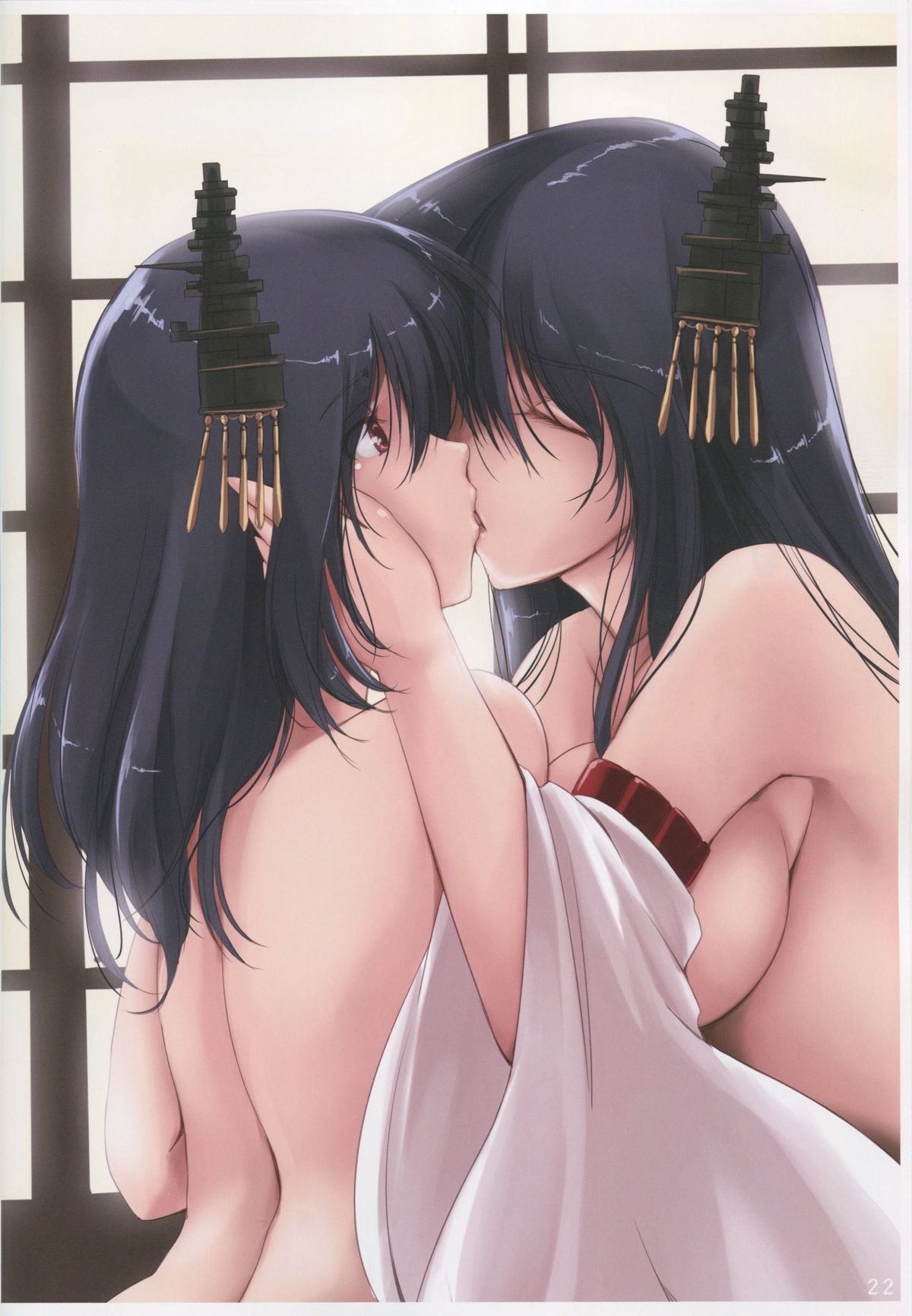 2girls, akatsuki_(ownpace), bare_shoulders, black_hair, breasts, closed_eyes, fusou_(kantai_collection), japanese_clothes