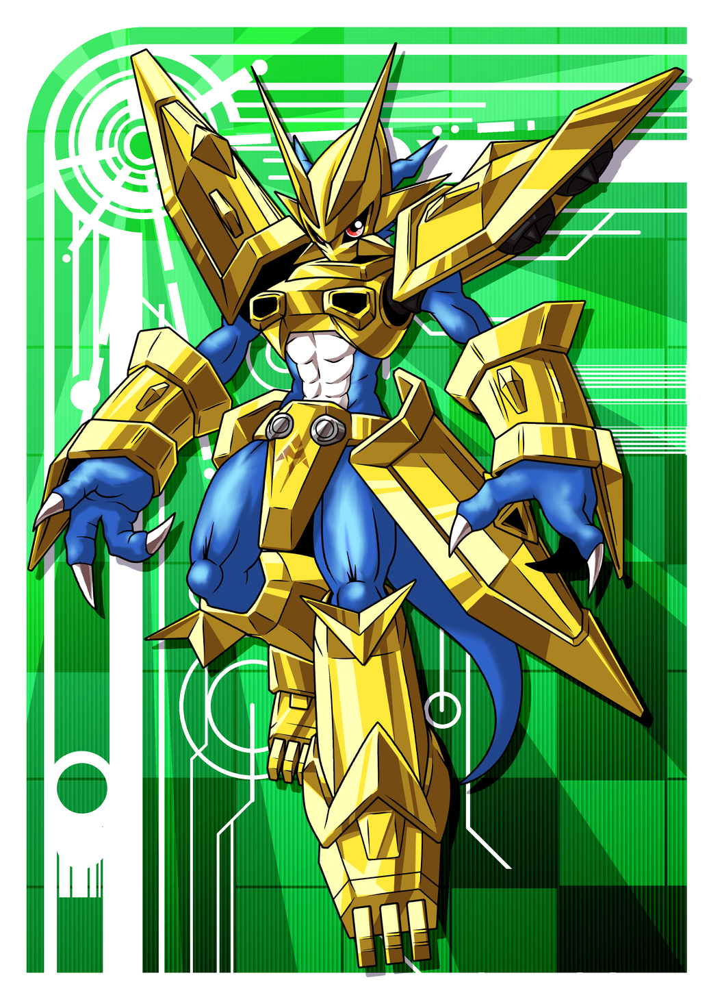 armor, bandai, claws, digimon, full_body, helmet, magnamon, monster