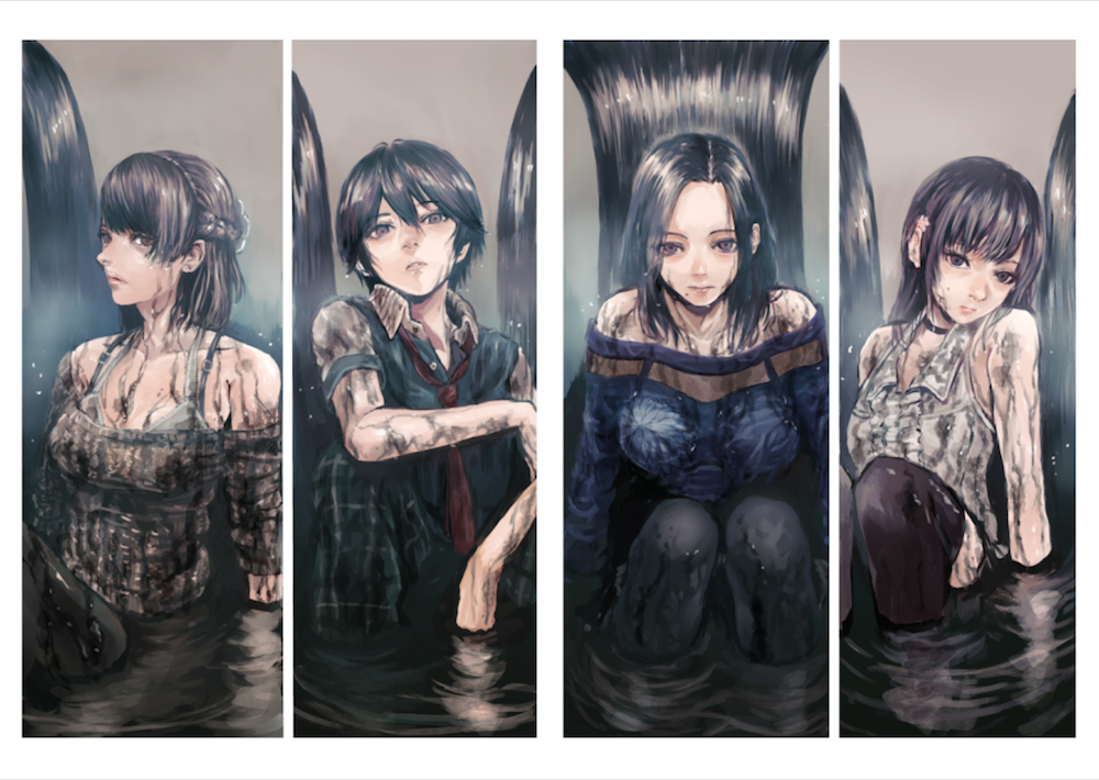 4girls, black_eyes, black_hair, breasts, character_request, fatal_frame, fatal_frame_5, gauss_<counting_on_more_blur