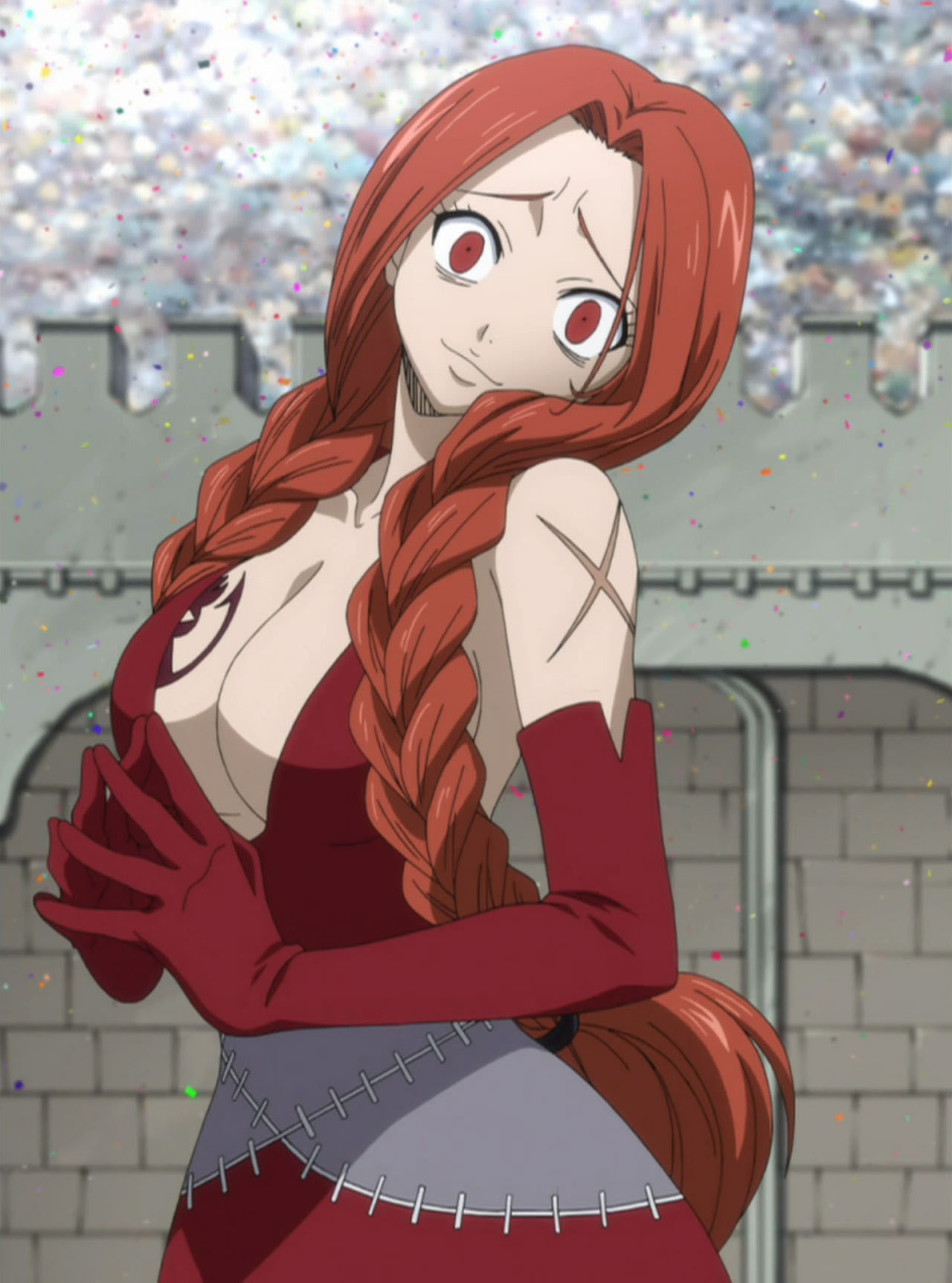 1girl, breasts, elbow_gloves, fairy_tail, flare_corona, gloves, red_eyes, redhead