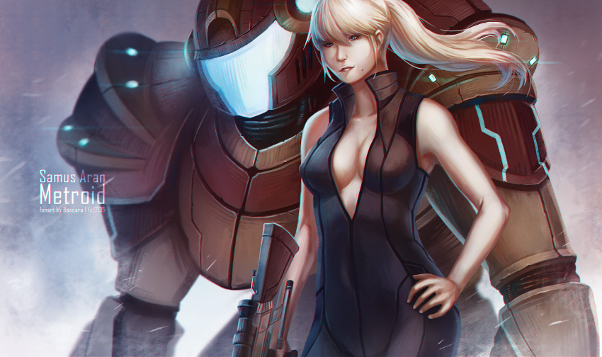 1girl, blonde_hair, breasts, cleavage, ecchi_pantsu, gun, hand_on_hip, metroid