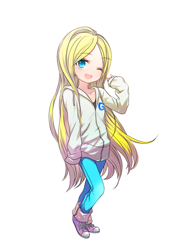 1girl, blonde_hair, blue_eyes, denim, gelbooru, gelbooru-tan, hood, hoodie