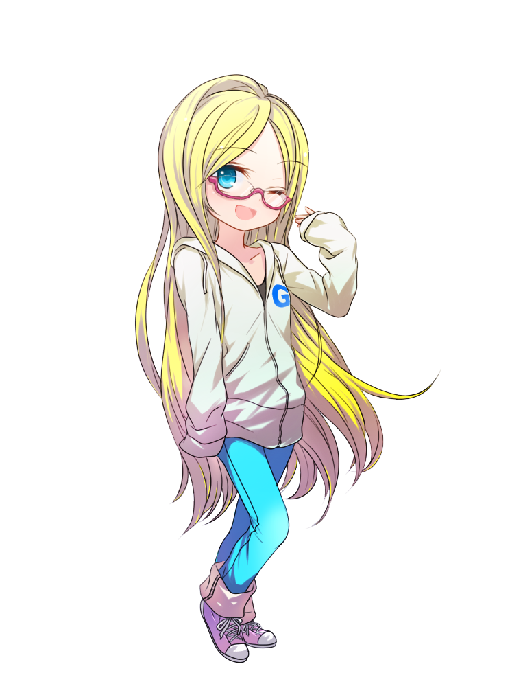 1girl, blonde_hair, blue_eyes, denim, gelbooru, gelbooru-tan, glasses, hood