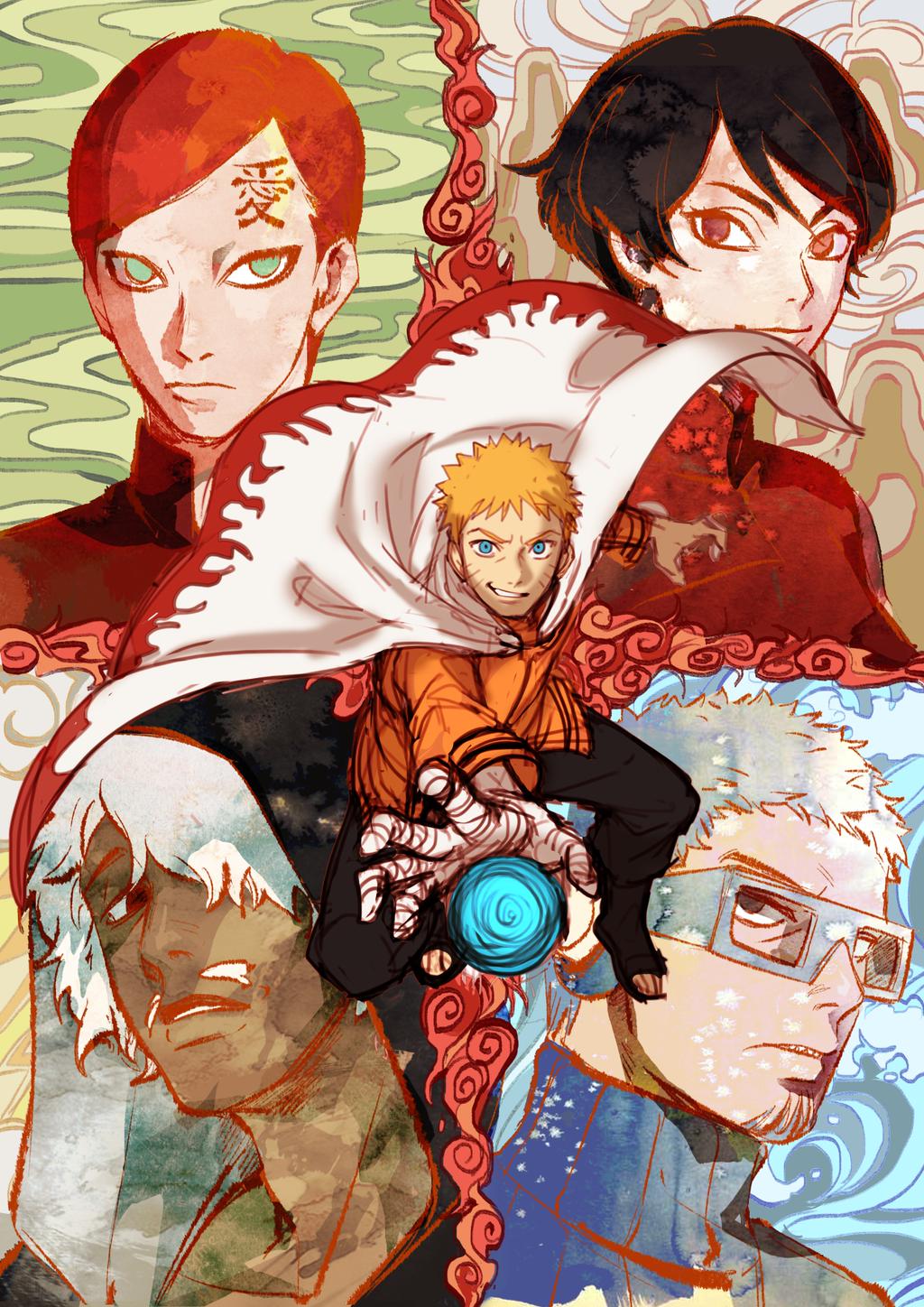 1girl, 4boys, bandaged_arm, black_hair, blue_hair, cape, choujuurou_(naruto), dark_skin, darui, facial_hair, facial_mark, forehead_mark, gaara, glasses, goatee, hair_over_one_eye, hood, kurotsuchi_(naruto), multiple_boys, mustache, naruto, noeunjung93, rasengan, redhead, short_hair, silver_hair, smile, spiky_hair, turtleneck, uzumaki_naruto, whiskers, work_in_progress