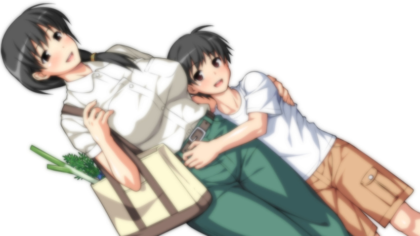1boy, 1girl, age_difference, artist_request, black_hair, blush, breasts, celery, hug, large_breasts, long_hair, short_hair, smile