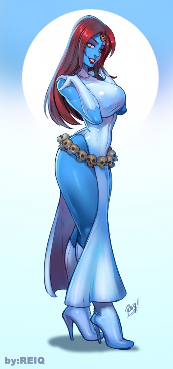 1girl, blue_skin, boots, breasts, eyeshadow, female, full_body, high_heel_boots, high_heels, large_breasts, lipstick, looking_at_viewer, makeup, marvel, monster_girl, mystique, red_lipstick, redhead, reiq, side_slit, skull, sleeveless, smile, solo, thigh_boots, white_gloves, x-men, yellow_eyes