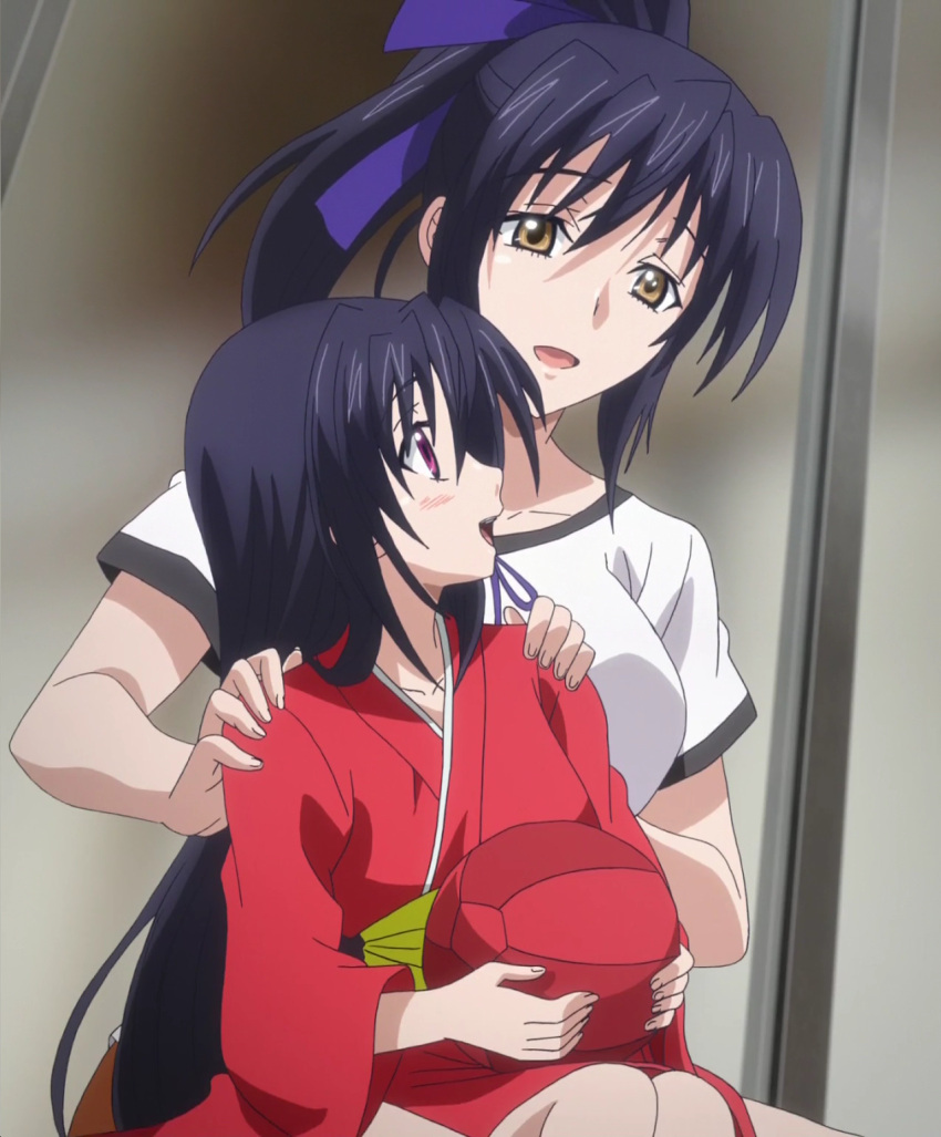 2girls, black_hair, breasts, female, high_school_dxd, himejima_akeno, himejima_shuri, large_breasts, long_hair, mother_and_daughter, multiple_girls, sitting, smile, stitched, violet_eyes, younger