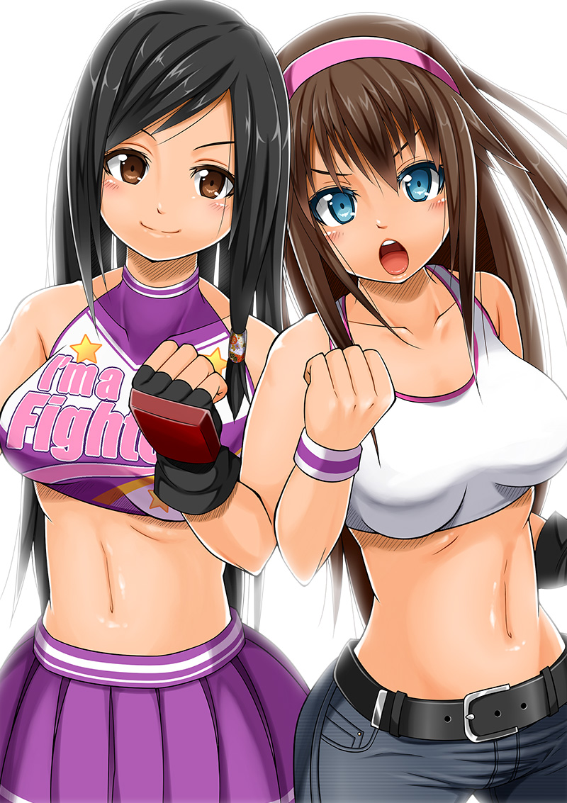 2girls, alternate_costume, belt, black_hair, blue_eyes, blush, boxing_gloves, breasts