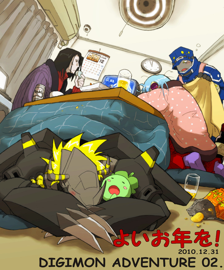 00s, 1girl, amatera, arachnemon, armor, black_hair, blackwargreymon, blonde_hair, claws, creature, digimon, digimon_adventure, digimon_adventure_02, dragon, gauntlets, hat, helmet, horns, house, long_hair, monster, multiple_boys, mummymon, oikawa_yukio, pipimon, short_hair, silver_hair, sunglasses, yellow_eyes