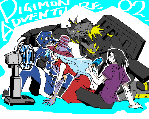 00s, 1girl, amatera, arachnemon, armor, black_hair, blackwargreymon, blonde_hair