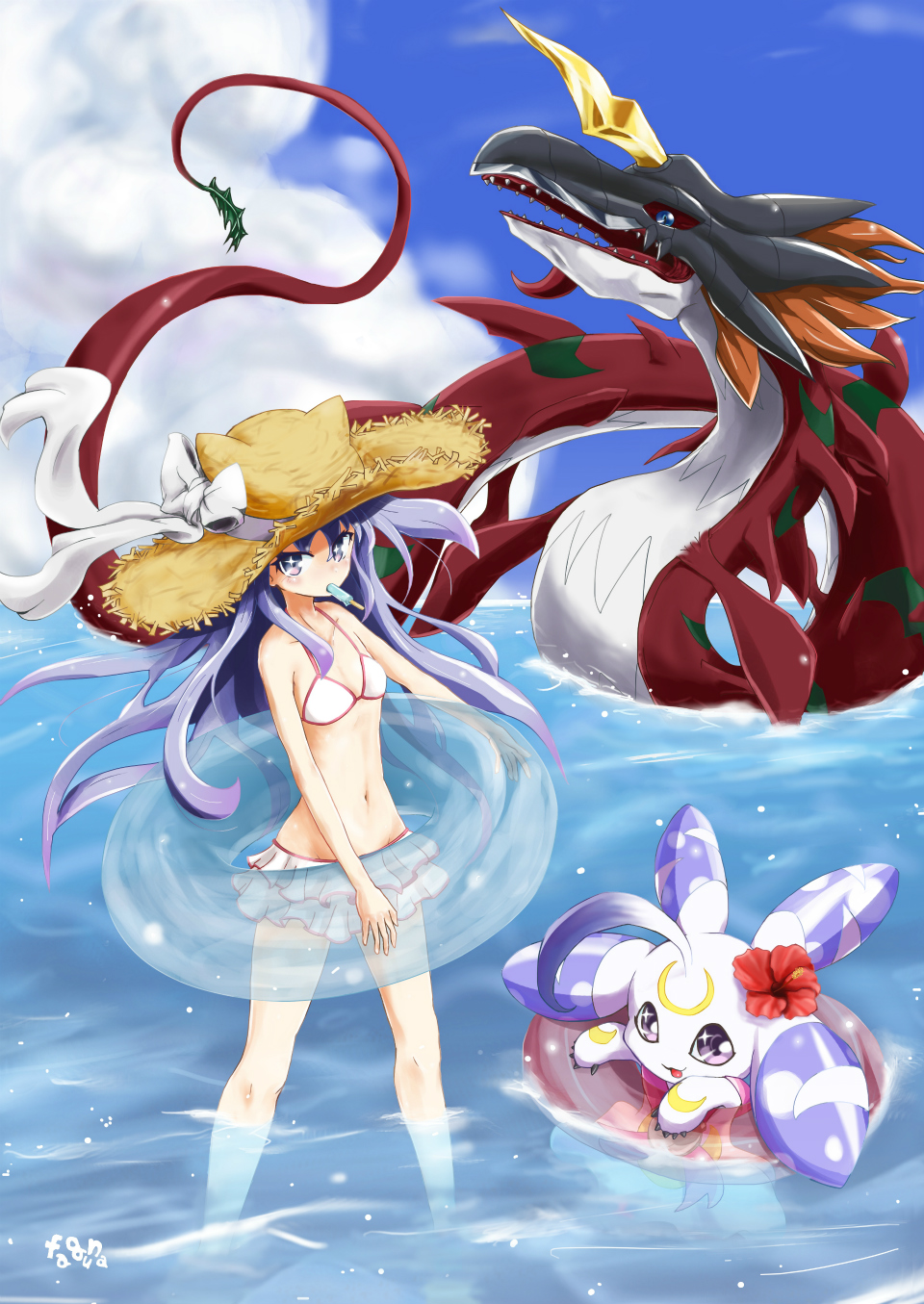 1girl, beach, bikini, digimon, female, hat, lunamon, outdoors, sayo_(digimon), sky, smile, solo, swimsuit, waruseadramon