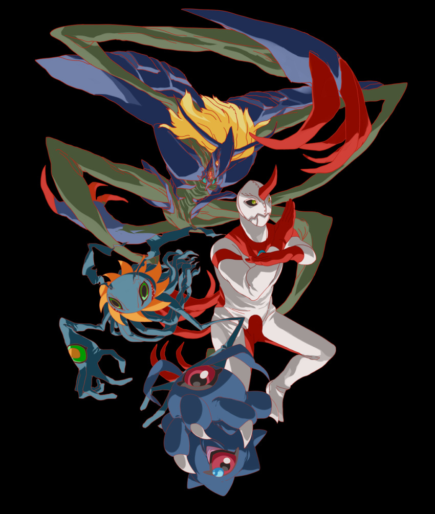 1boy, bandai, claws, demon, diablomon, digimon, evil, green_hair, horns, infermon, keramon, kuramon, kurisarimon, monster, multiple_legs, sharp_teeth, simple_background, tail, tears, teeth, tsumemon, ultraman