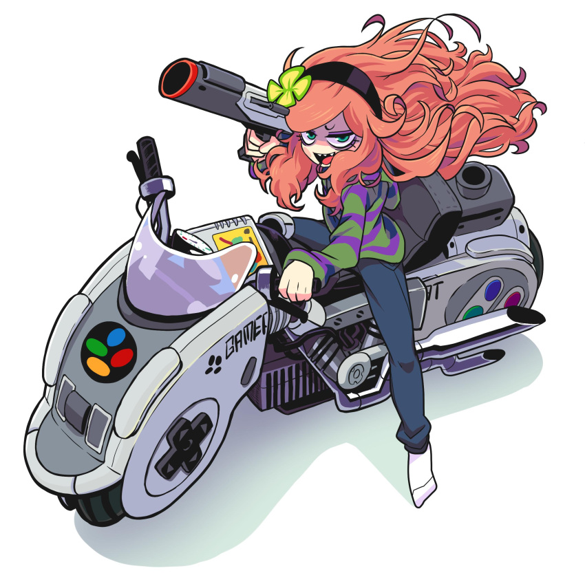 1girl, 4chan, 80s, 8chan, akira, bags_under_eyes, bangs, clover, denim, female, four-leaf_clover, freckles, full_body, gamer, gashi-gashi, green_eyes, grin, ground_vehicle, hairband, highres, hood, hoodie, jeans, long_hair, motor_vehicle, motorcycle, no_shoes, open_mouth, original, pants, redhead, shaded_face, sharp_teeth, sidelocks, simple_background, smile, socks, solo, super_famicom, super_scope, sweater, swept_bangs, teeth, vehicle, vivian_james, white_background