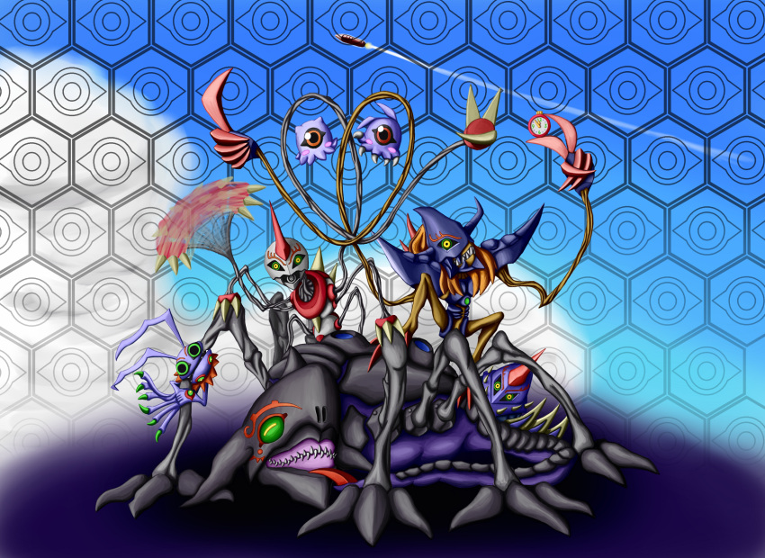 armagemon, bandai, claws, clock, creepy, demon, diablomon, digimon, evil, green_hair, highres, horns, infermon, keramon, kuramon, kurisarimon, monster, multiple_legs, no_humans, rocket, sharp_teeth, tail, teeth, tsumemon