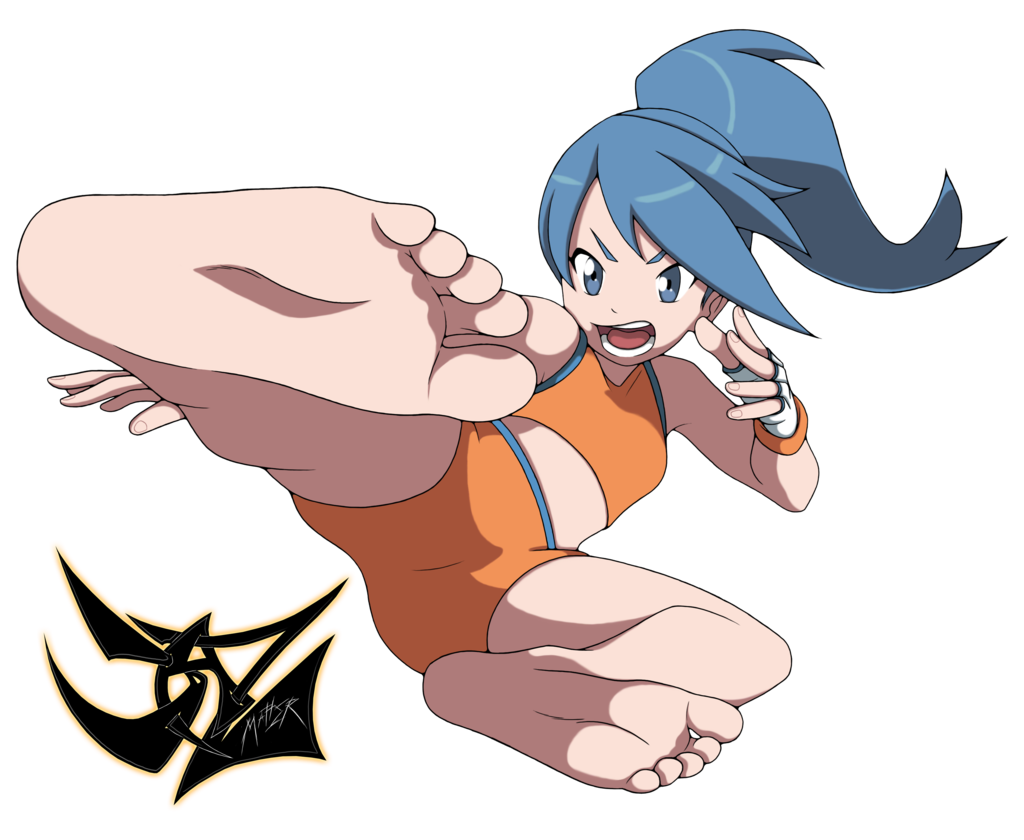 10s, barefoot, battle_girl_(pokemon), blue_eyes, blue_hair, feet, kicking, npc_trainer