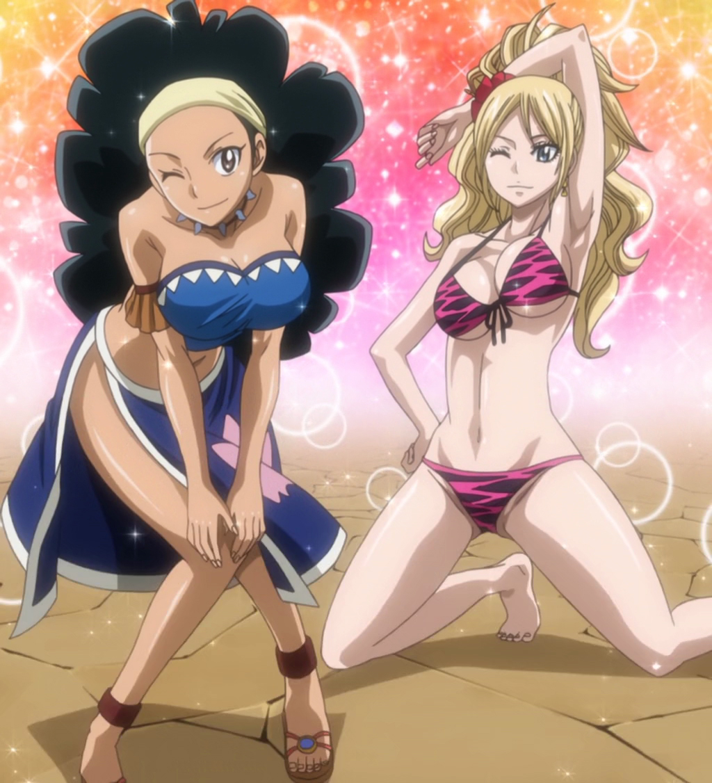 2girls, bare_shoulders, barefoot, bikini, black_hair, blonde_hair, breasts, fairy_tail