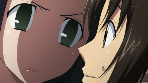 1boy, 1girl, animated, animated_gif, brown_hair, face, green_eyes, hata_ranko